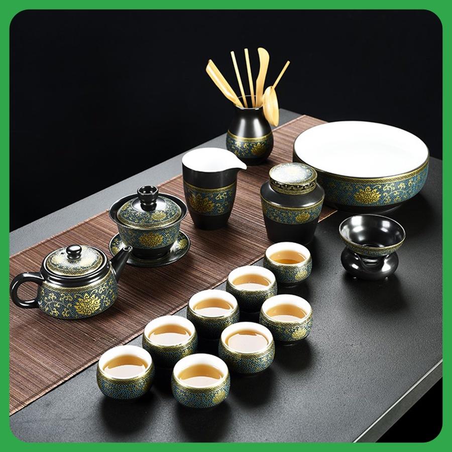 Bộ Ấm Chén Pha Trà Cao Cấp Kim Liên Như Ý SƯƠNG MAI Nền Xanh Họa Tiết Hoa Sen Trang Nhã Gồm 7- 16 Chi Tiết