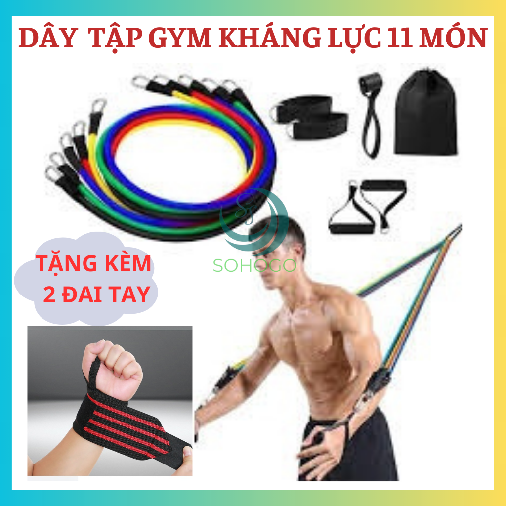 Dây Đàn Hồi Tập Gym 11 Món Tặng Kèm 2 Dây Đai Cổ Tay-Dây Cao Su Kháng Lực Cao Cấp Đa Năng Tập Gym