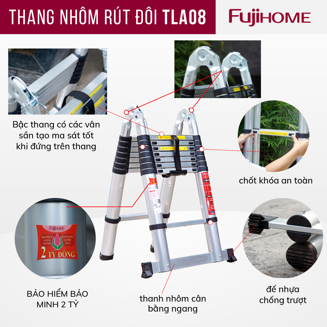 Thang nhôm rút gọn chữ A  FUJIHOME TLA08 ( Chiều cao chữ A  2,5m - Cao chữ I 5m, Khóa an toàn, đế chống trượt) Hàng Chính hãng