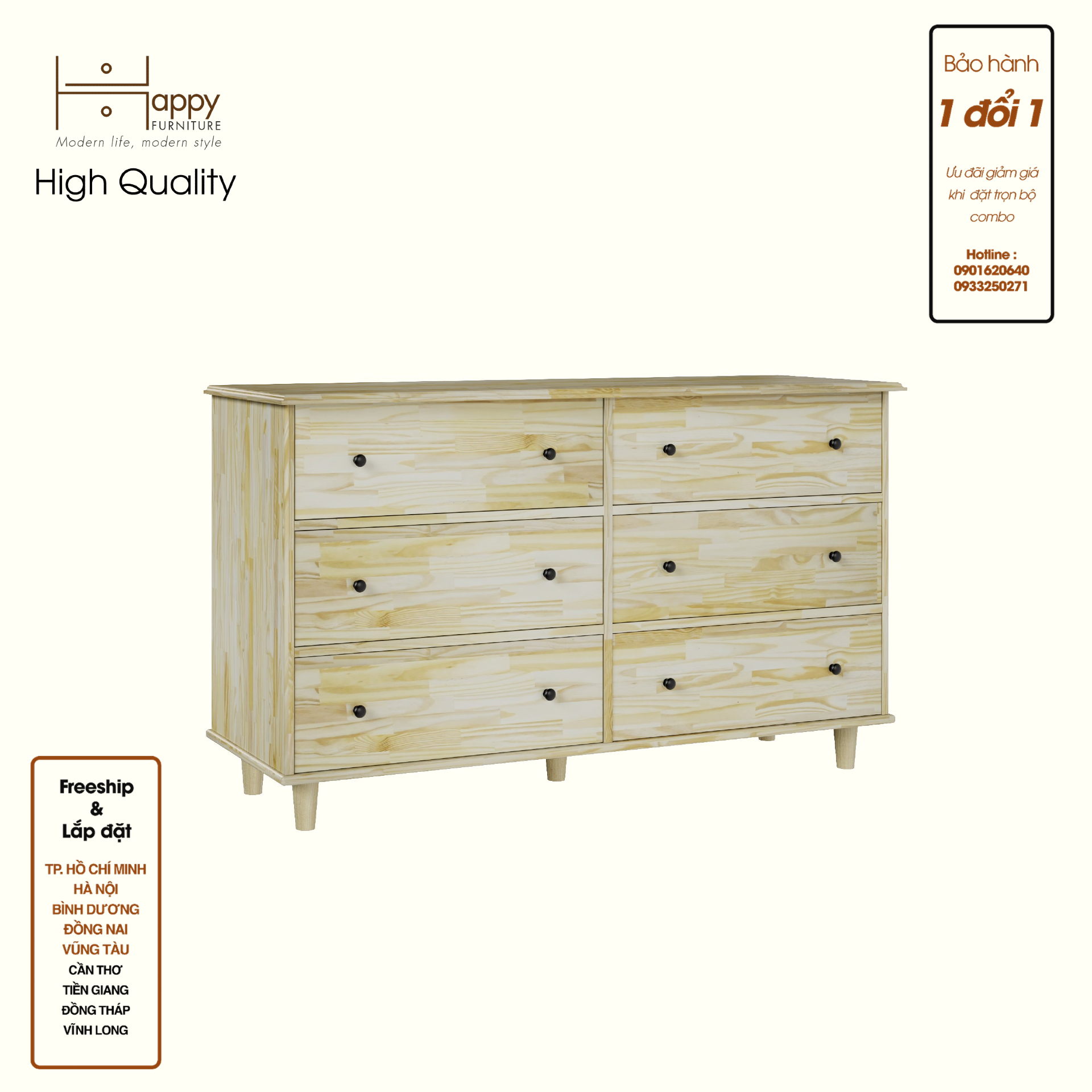 HAPPY FURNITURE , Gỗ tự nhiên , Tủ lưu trữ 6 ngăn kéo - FARAH , THK_181 , 140x45x82cm