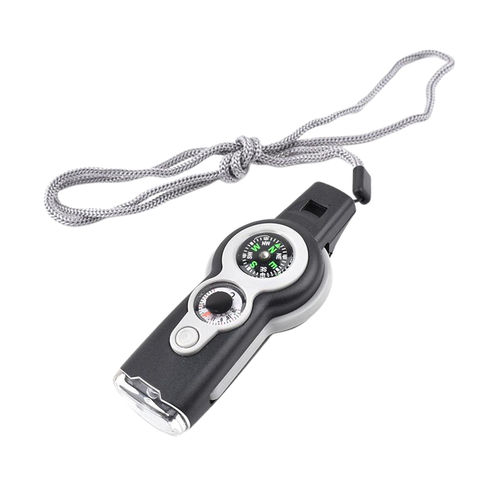 Emergency Whistle,7-in-1 Tool, Survival Flashlight Mirror with Storage,Hiking Compass,Camping Thermometer,Magnifier Mirror for Survival Compass