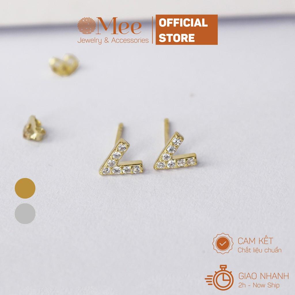 Khuyên tai bạc 925 MEE bông tai chữ V đính đá, tặng kèm chốt bạc nguyên chất - E6633