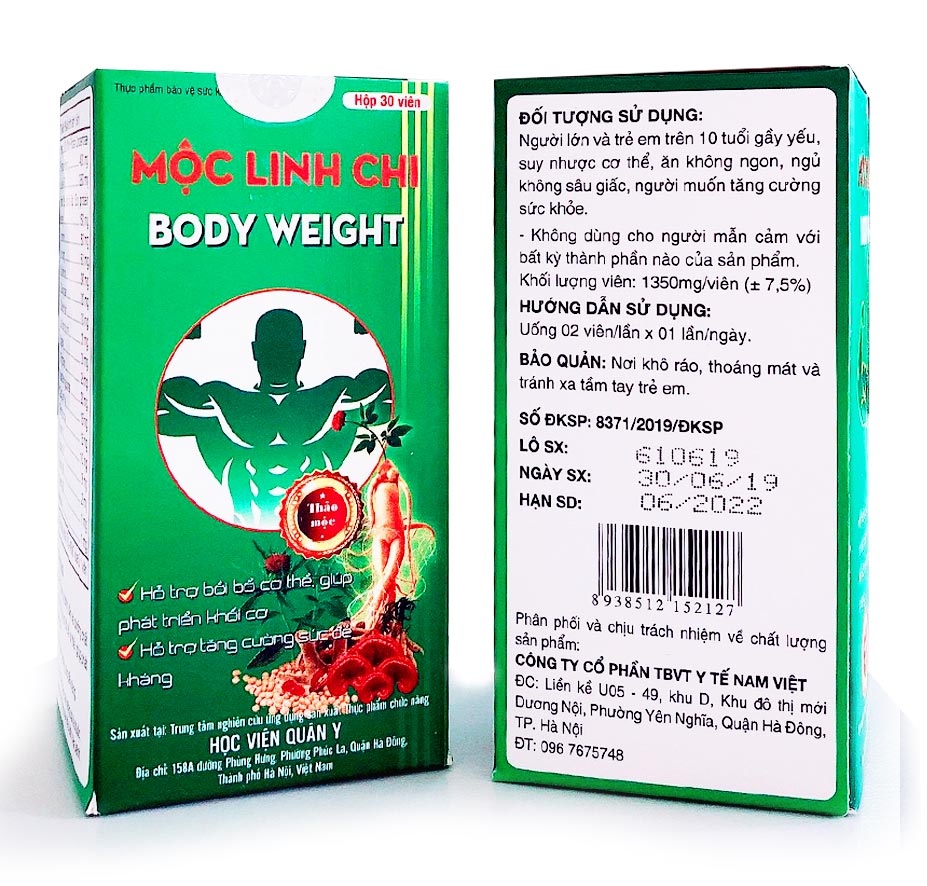 Viên uống Mộc Linh Chi - Body Weight Học Viện Quân Y 30 viên hỗ trợ bồi bổ cơ thể phát triển khối cơ