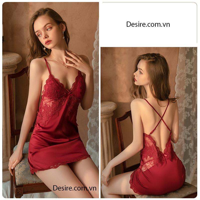 Váy ngủ lụa Đầm ngủ hai dây lụa phối ren gợi cảm sexy VN-036