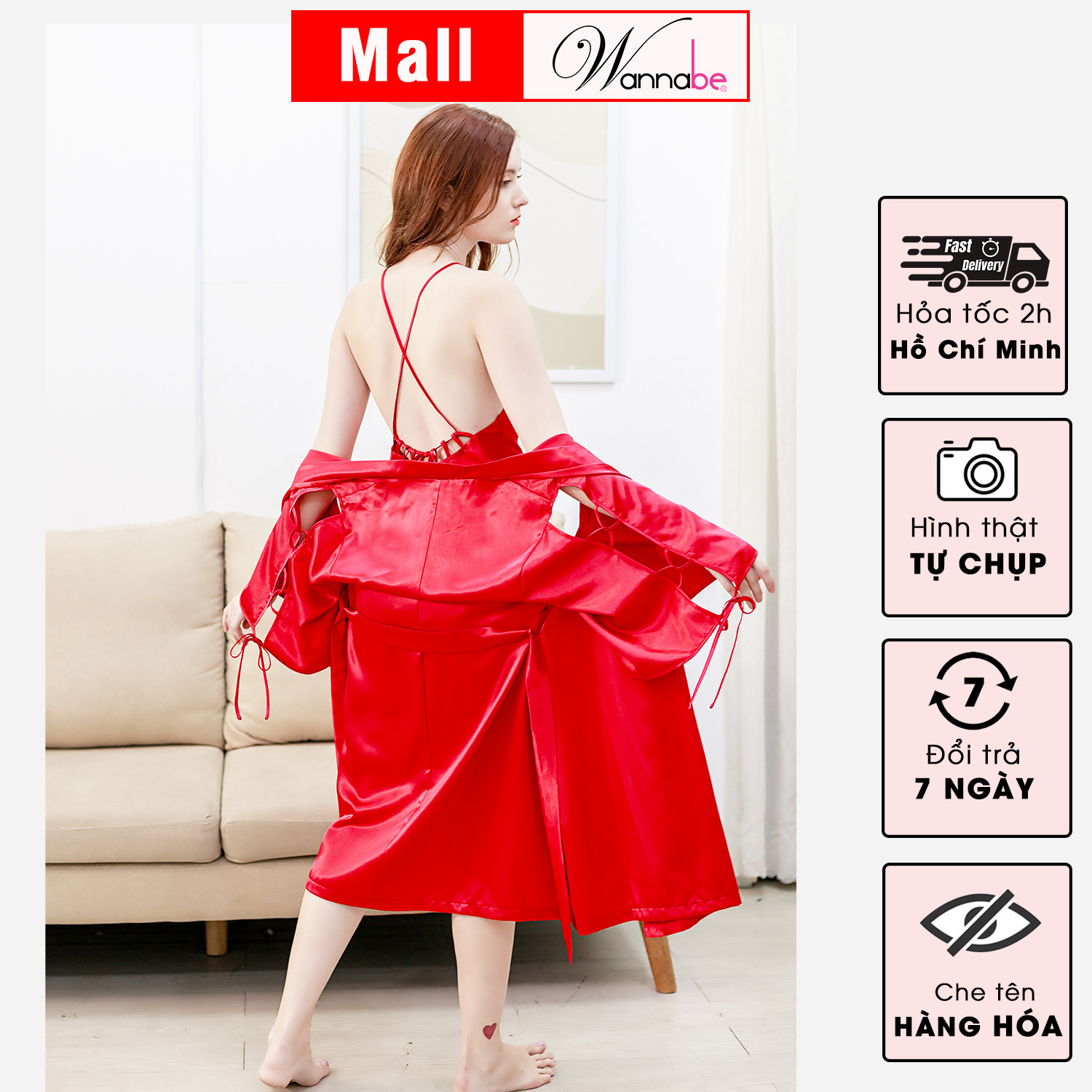 Áo choàng ngủ WANNABE KIS33 áo khoát ngủ dạng kimono xẻ sườn cánh tay đan khoen xxx cột nơ xinh xắn cho người mặc