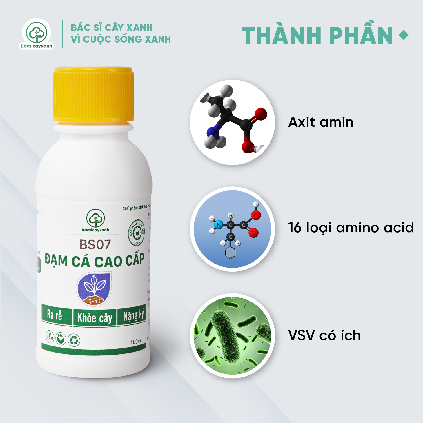 Đạm cá cao cấp BS07 - Chế phẩm sinh học giúp cây ra rễ mạnh, khỏe cây, nặng ký, ra hoa nhiều - 100ml