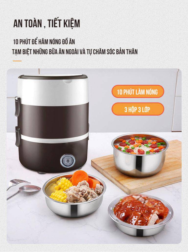 Bộ Hộp Cơm Giữ Nhiệt Văn Phòng Cao Cấp Cắm Điện inox 3 tầng - Hàng Chính Hãng