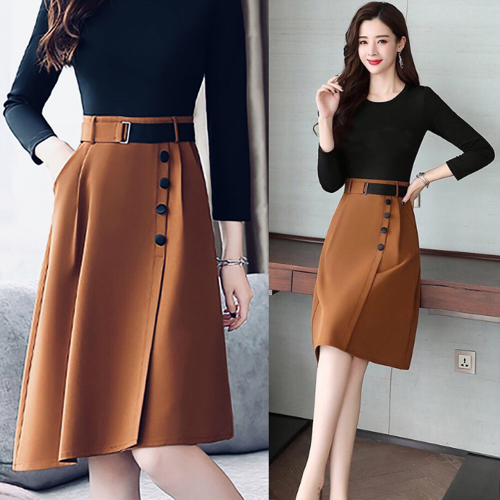 Chân Váy Cống Sở New Design Thiết Kế Váy Chữ A ,Lệch Tà Phối Nút Có Túi Phong Cách Hàn Quốc, Vải Tốt ,Co Giãn CV0021