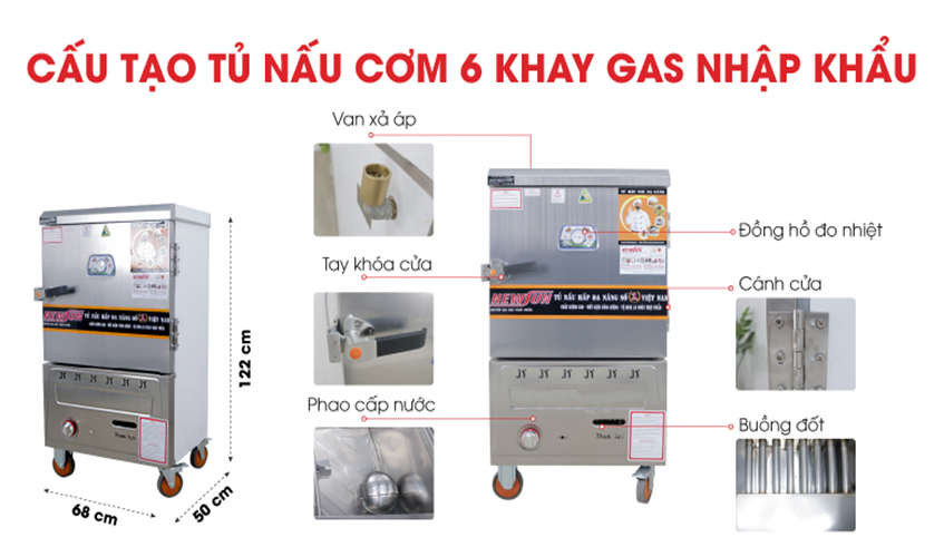 Tủ Nấu Cơm 18 Kg Gạo/ Mẻ Bằng Gas 6 Khay Nhập Khẩu NEWSUN - Hàng Nhập Khẩu