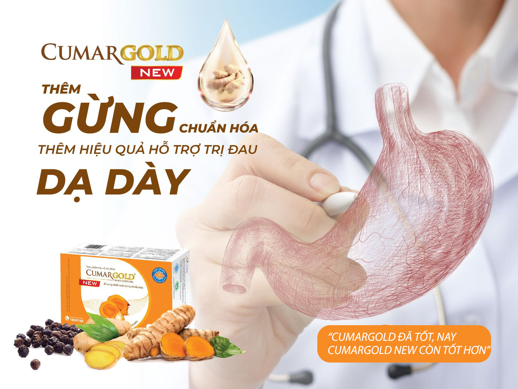 Viên nang mềm Nano curcumin Cumargold new 150 mg cùng gừng chuẩn hóa hỗ trợ cải thiển trào ngược, viêm loét dạ dày tá tràng