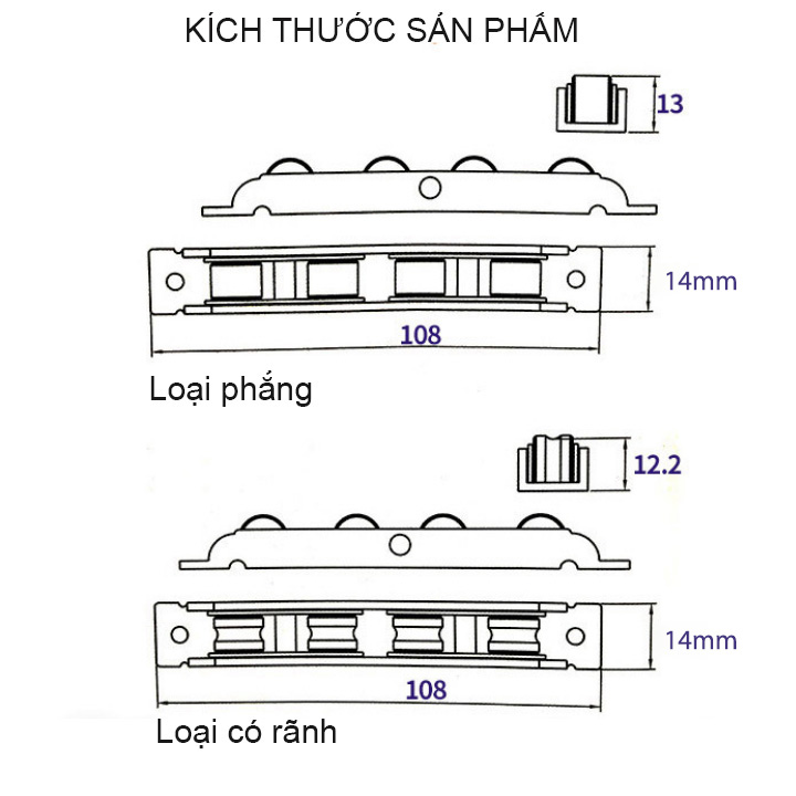 01 Bánh xe 4 cho cửa trượt-cửa lùa bằng inox không gỉ rộng 14mm, dùng cho cửa lùa nhựa, nhôm, thép