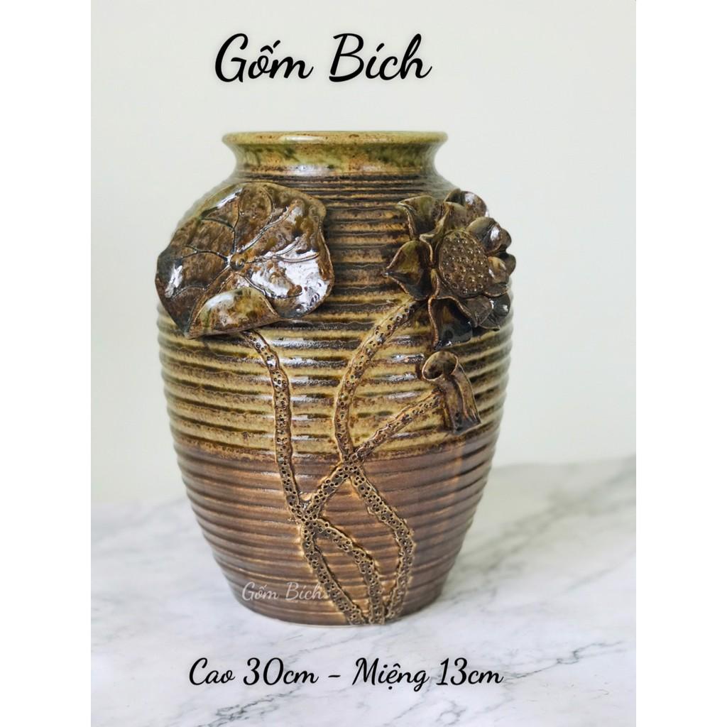 Bình Hoa Gốm Men Mộc Đắp Hoa Sen - Gốm Sứ Bát Tràng