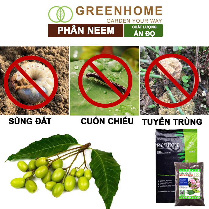 Phân bón hữu cơ neem, bao 25kg, trị sùng đất, cuốn chiếu, hỗ trợ kích rễ, mầm, hoa, thân, lá Greenhome