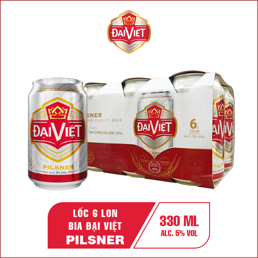[Lốc 06 lon 330ml] Bia Đại Việt Pilsner, Bia vàng sản xuất theo luật bia tinh dòng của Bia Đức, không hóa chất, đậm vị đúng gu.