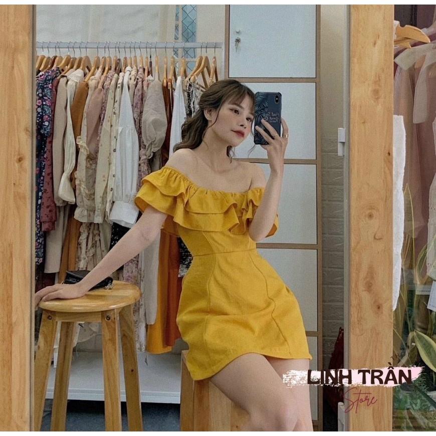 Đầm Midi Trễ Vai Linen Vàng Váy Xòe Vai Bèo Linh Trần Store