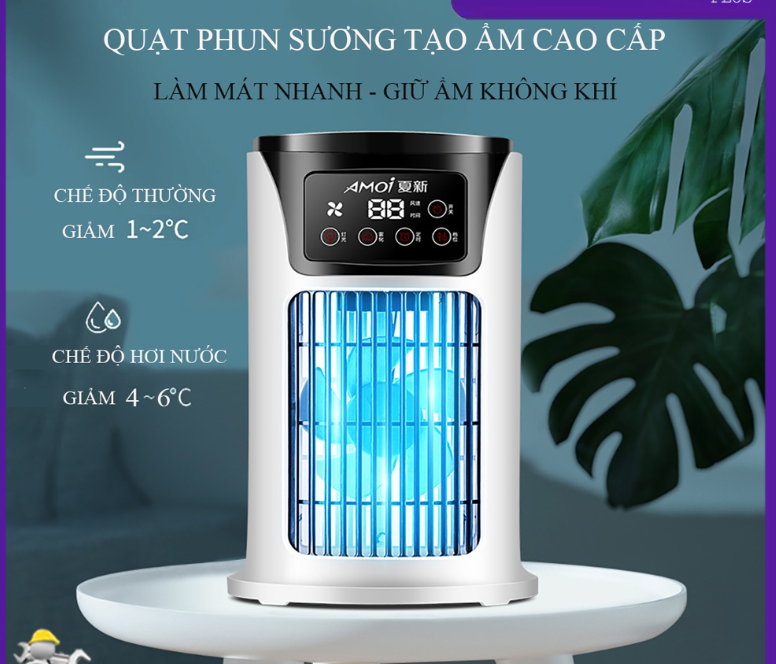 Quạt phun sương, quạt hơi nước để bàn điều hòa không khí làm mát siêu nhanh tích hợp đèn ngủ thông minh