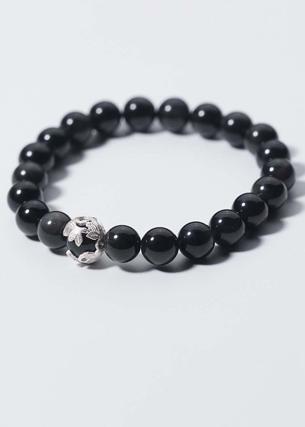 Vòng tay đá Obsidian charm bạc lồng hạt mệnh thủy, mộc - Ngọc Quý Gemstones