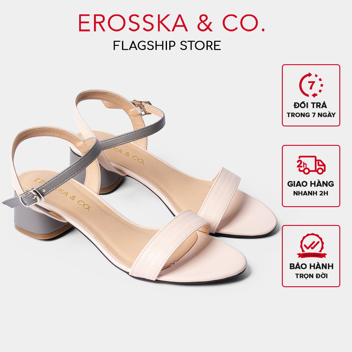 Giay sandal cao got Erosska thời trang mui tron phôi dây nhiêu mau tinh tê cao 3cm EB019 - Xam phôi kem - 39