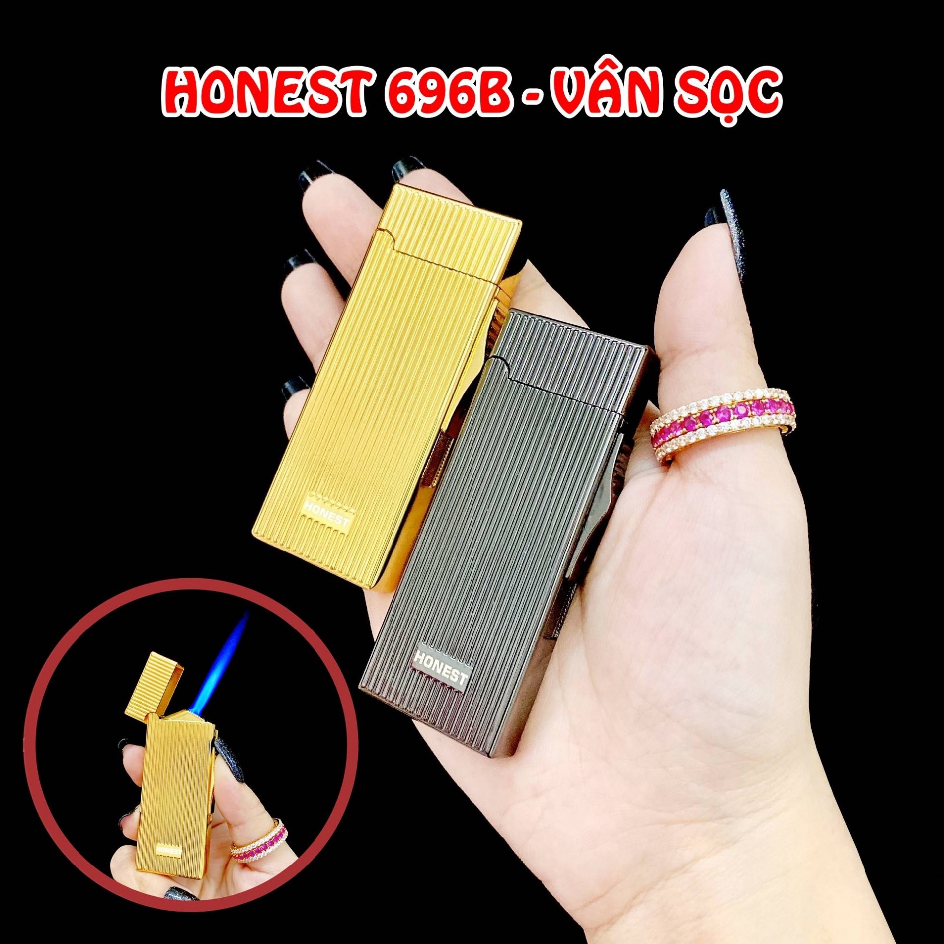 Hột quẹt bật lửa khè HONEST 696B vân sọc kim loại nguyên khối - xài gas