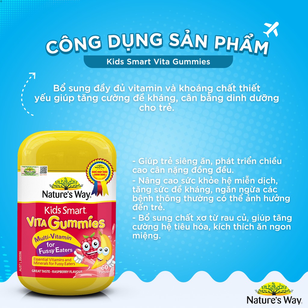 Kẹo Dẻo Cho Bé Nature's Way Kids Smart Vita Gummies Multi Vitamin for Fussy Eaters Kích Thích Ăn Ngon 60 Viên