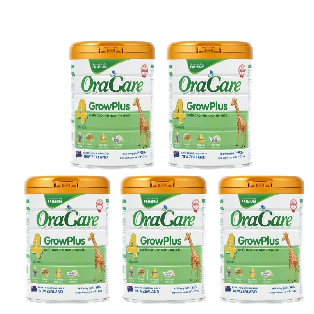 Bộ 5 lon sữa OraCare Growplus lon 900g - Giúp phát triển chiều cao, Trí não, Thị giác, dành cho trẻ từ 1-10 tuổi