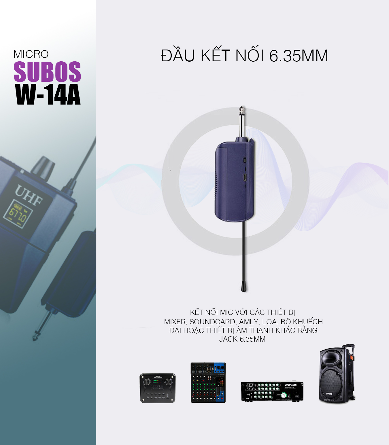 Micro không dây Subos W-14A - Micro đeo tai UHF hỗ trợ giảng dạy, thuyết trình, livestream - Phạm vi rộng đến 25m, nhạy, chống hú tốt - Kết nối được hầu hết các thiết bị âm thanh: sound card, amply, mixer, loa kéo … - Hàng nhập khẩu