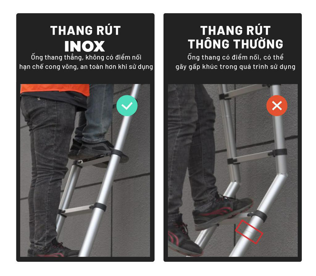 Thang nhôm INOX rút đơn xếp gọn 2,6m - 5.9m gấp gọn Nhập Khẩu NIKITA - chịu lực tới 150kg