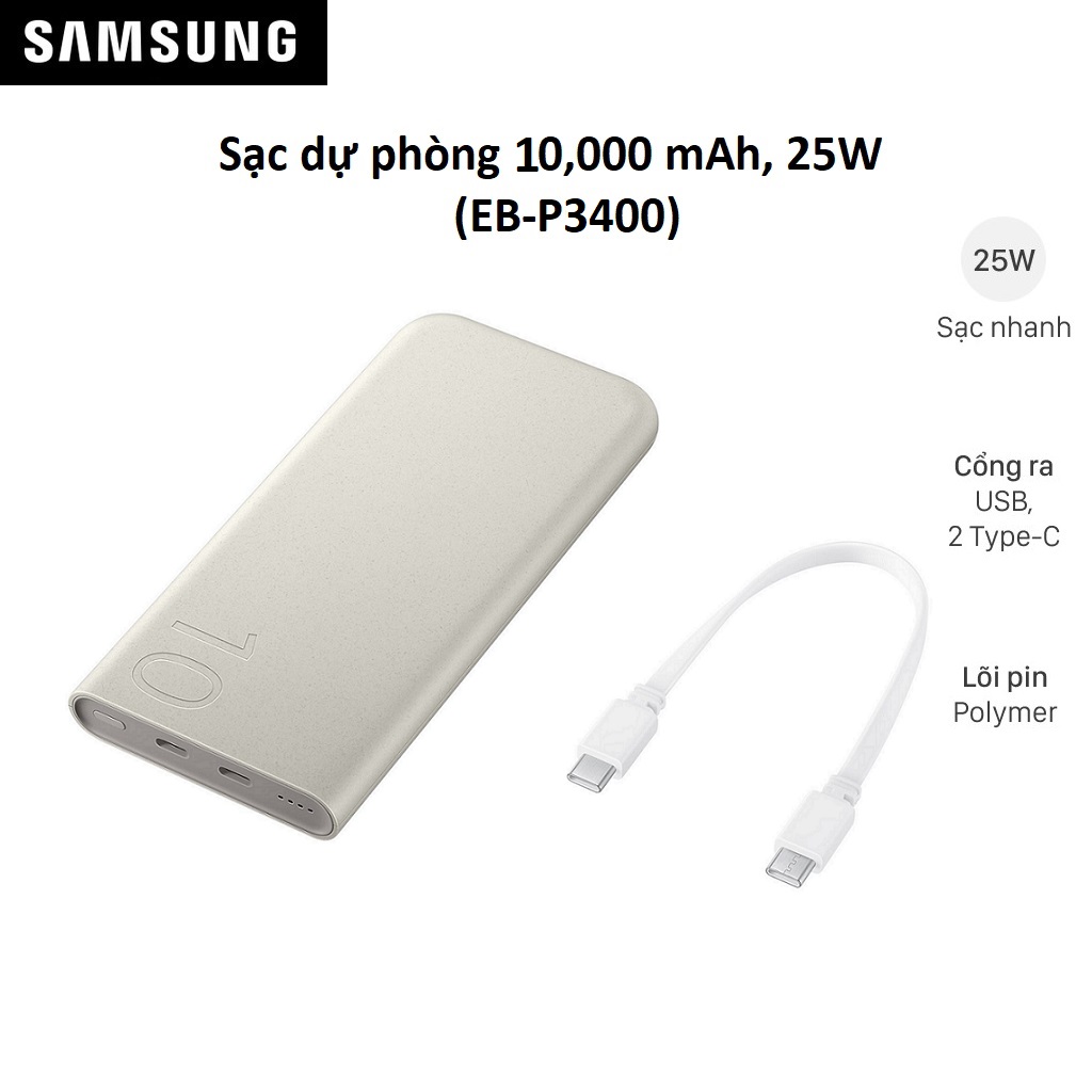 Sạc Dự Phòng Samsung 10.000mAh 25W (EB-P3400) (kèm cáp Type-C 0.2m) - Hàng Chính Hãng