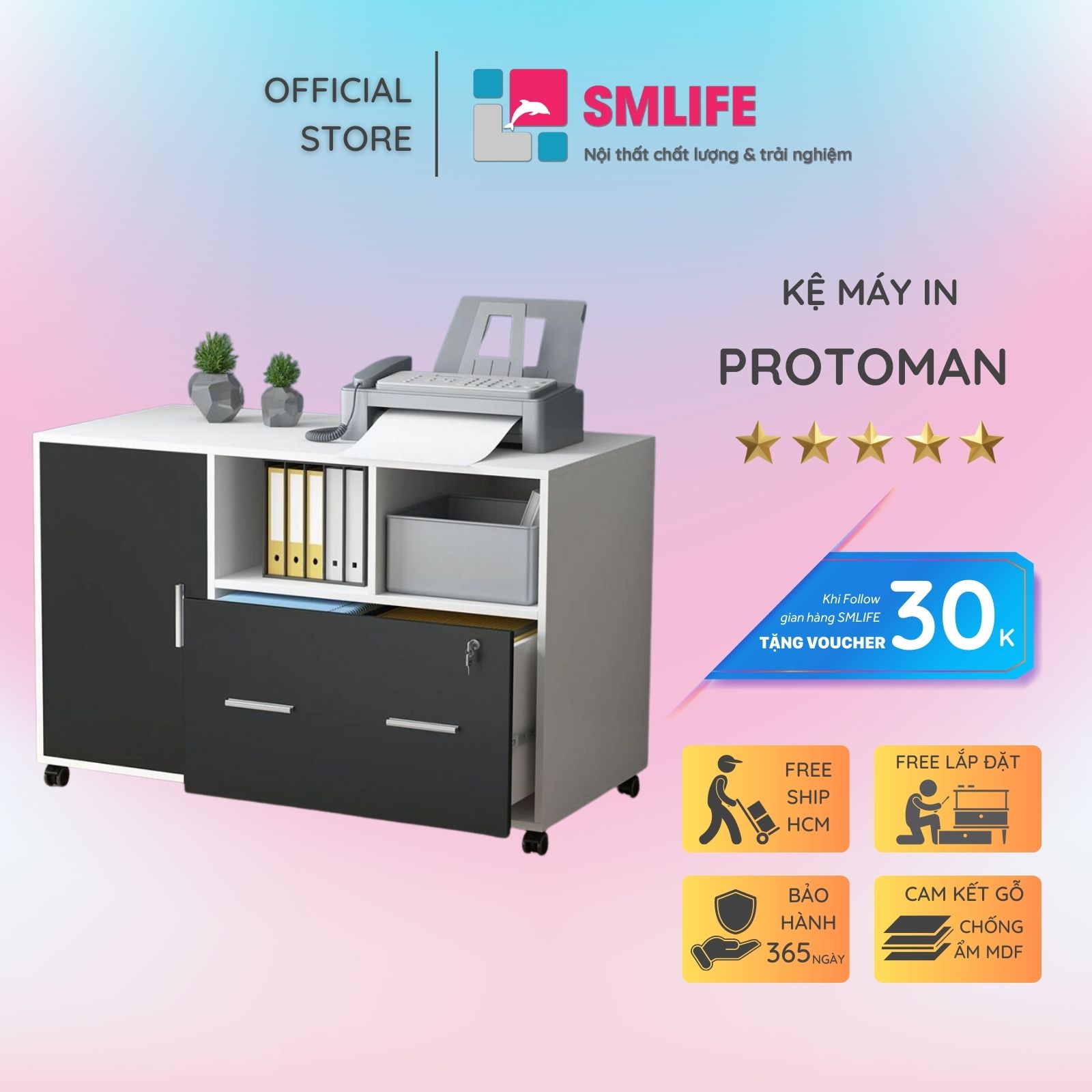 Kệ để máy in gỗ hiện đại SMLIFE Protoman | Gỗ MDF dày 17mm chống ẩm | D100xR40xC65cm