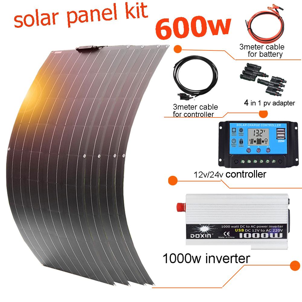 Bảng điều khiển năng lượng mặt trời linh hoạt 12 v 600w bộ hoàn chỉnh pin mặt trời đơn tinh thể cho xe gia đình cắm trại thuyền 1000w 110v 220v không thấm nước Màu sắc: 300w bộ màu trắng