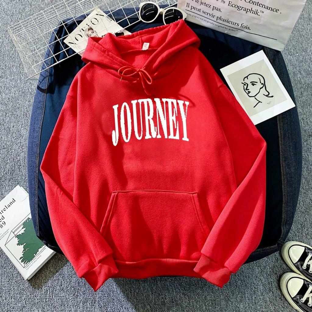 ÁO KHOÁC NỈ HOODIES FORM RỘNG CÓ MŨ HOẠ TIẾT CHỮ JOURNEY MÀU DỎ CỰC ĐẸP , BAO HOT CHO CÁC BẠN TRẺ