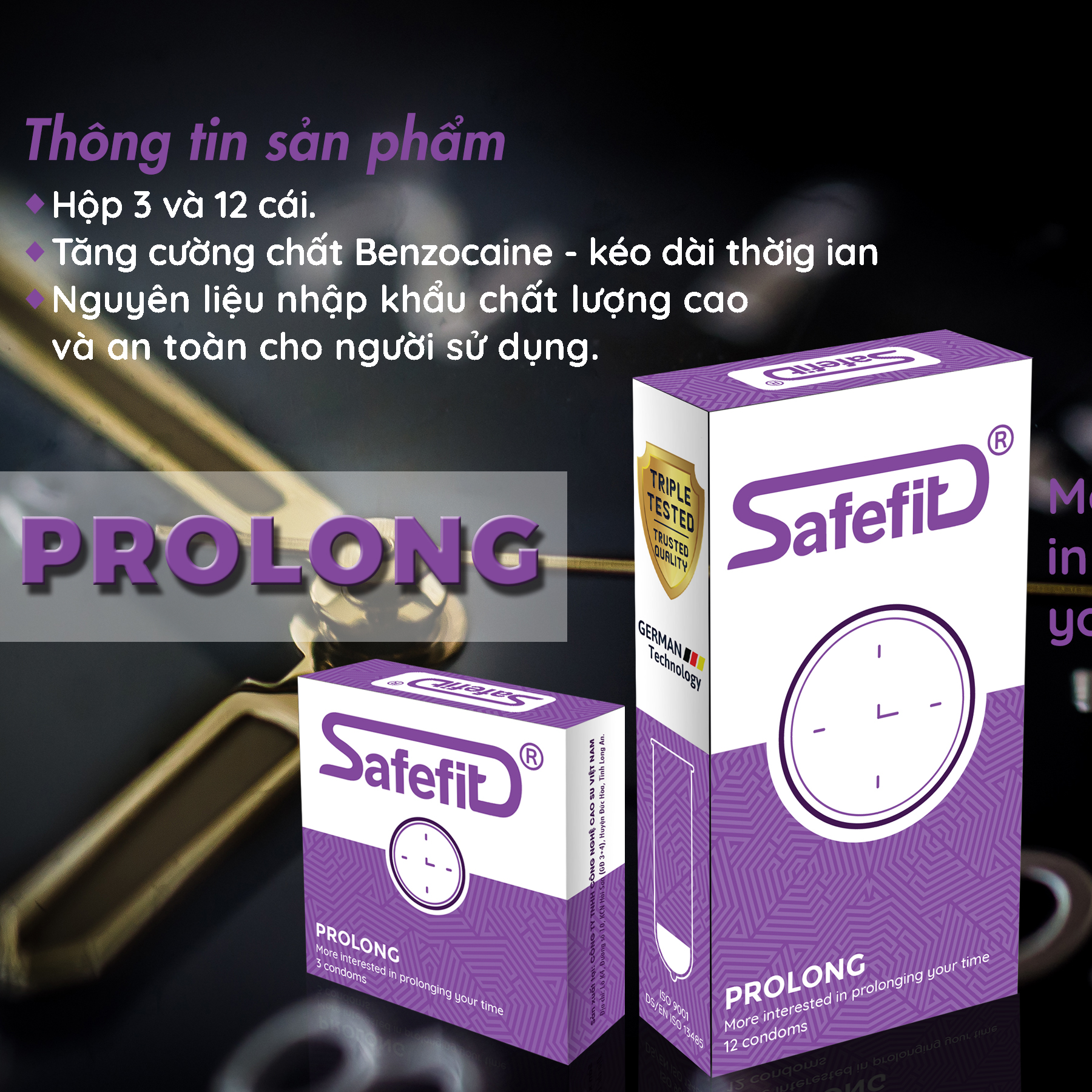 Bao cao su trơn mỏng kéo dài thời gian Safefit Prolong - hộp 12 chiếc