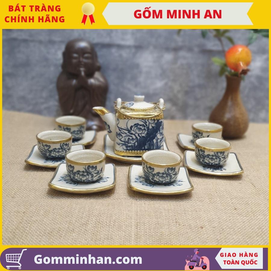 Bộ ấm trà giả cổ Gốm sứ Bát Tràng dáng ấm vuông bọc đồng vẽ hoa sen- Gốm Minh An- Ấm trà đẹp
