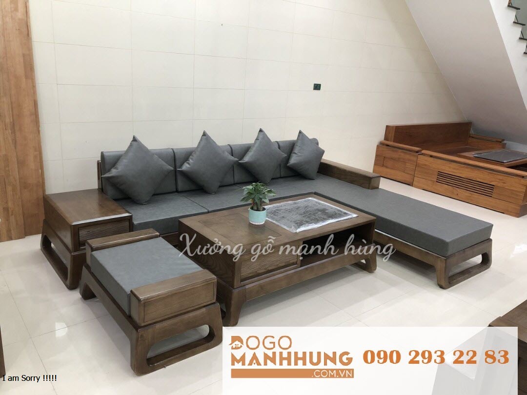 Bộ bàn ghế phòng khách sofa góc L gỗ sồi chân quỳ 2m80 x 2m