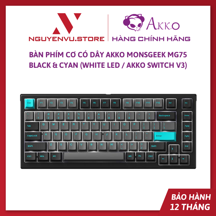 Bàn phím cơ có dây Akko MonsGeek MG75 Black &amp; Cyan (White LED / AKKO switch v3) - Hàng chính hãng