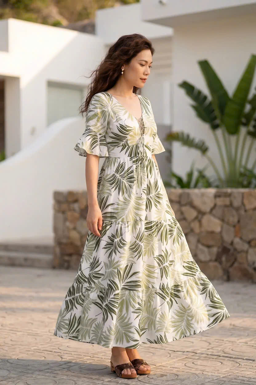 Đầm Maxi Linen Lá Cọ Du Lịch Nhiệt Đới, Đầm Maxi Linen Bích Diệp Dre204 Thời trang Hity