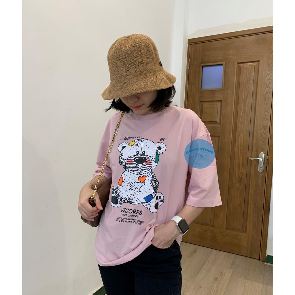Áo thun unisex tay ngắn nam nữ hồng in gấu-MS16