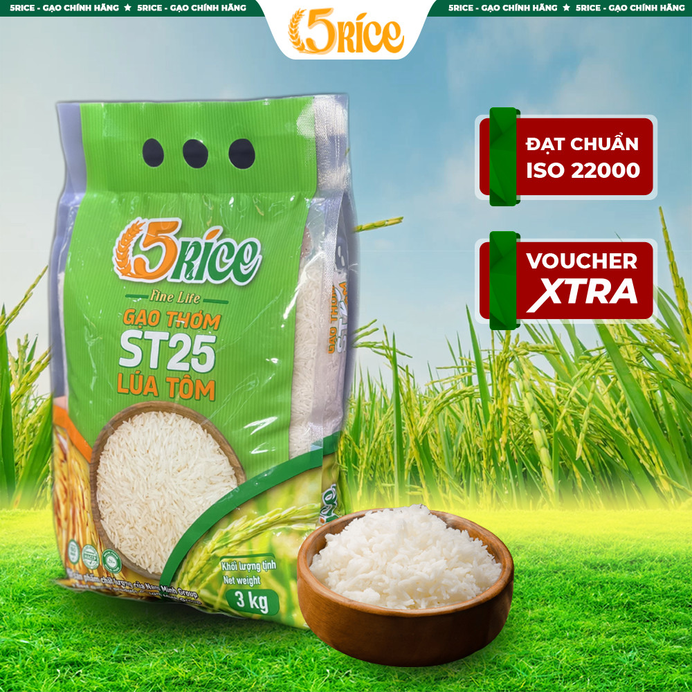 Gạo Lúa Tôm ST25 5RICE - Túi 3kg - Gạo thượng hạng thơm dẻo, đậm vị 5RICE