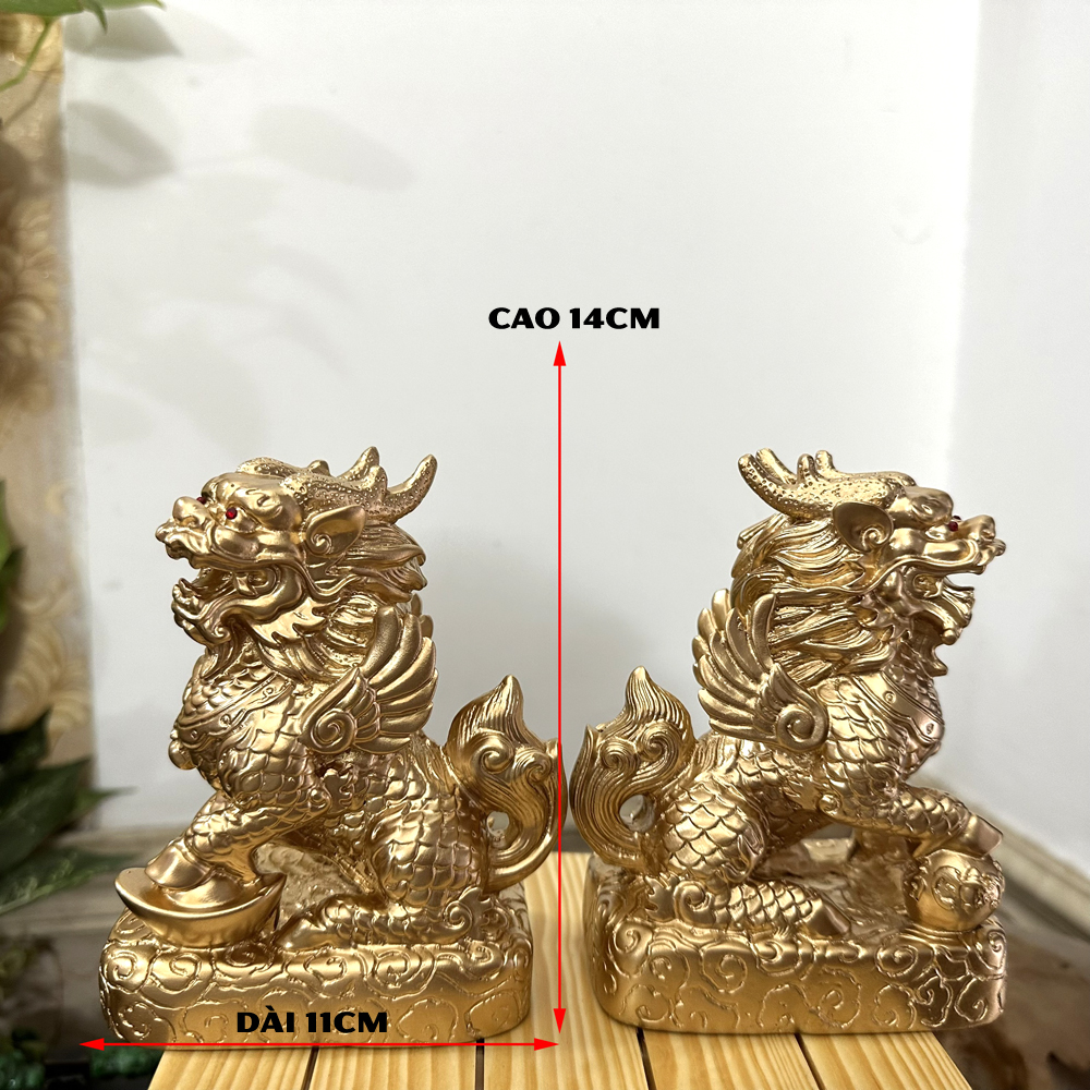 [Tượng Tỳ Hưu] Cặp 2 tượng đá trang trí Tỳ hưu phong thủy - 2 sừng - Chiều cao 14cm - Màu Nhũ đồng