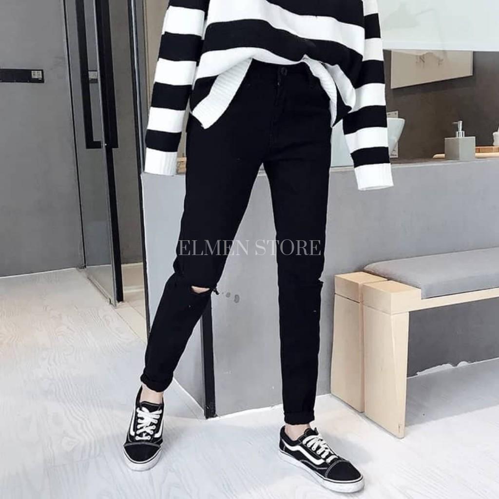 Quần jeans đen rách 2 gối
