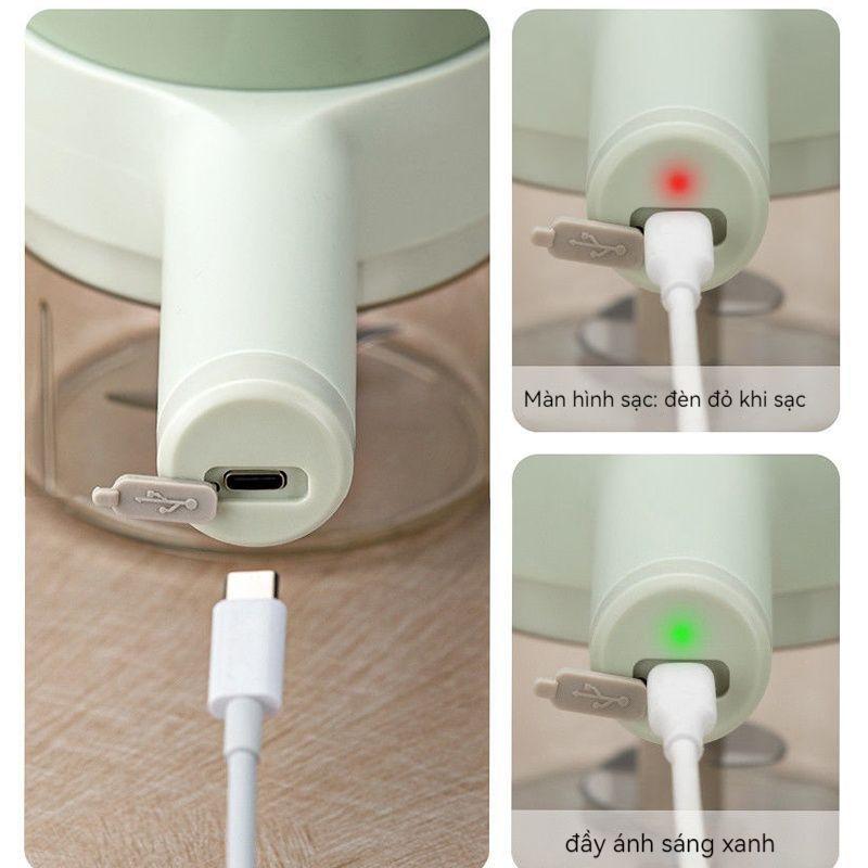 Máy Xay Cầm Tay Mini Cán Dài 4 in 1, Xay Đồ Ăn Dặm Cho Bé, Thái Tỏi Ớt Rau Củ Pin Sạc Cổng USB Tiện Dụng Có Bảo Hành