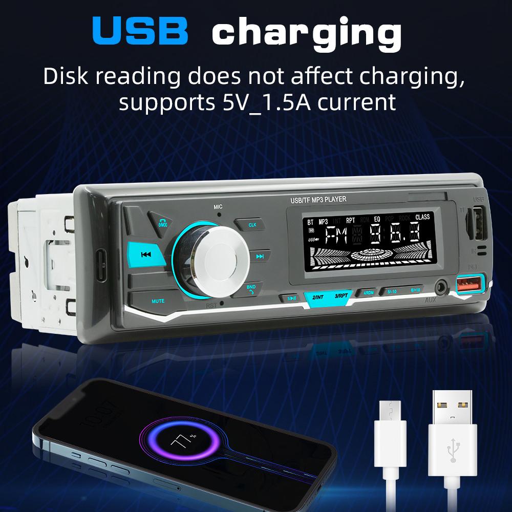 Car MP3 Player BT Stereo Receiver FM Radio Hands-Free Calling U-Disk/TF Card/Aux-in Player Support APP to Find Car/Voice Assistant/Audio Recording with Remote Controller Colorful Light