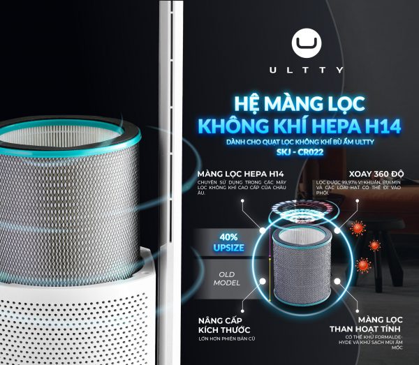 Máy Lọc Không Khí Bù Ẩm ULTTY SKJ-CR022 Dạng Quạt, Diệt Khuẩn Bằng Tia UV, Chế Độ Làm Mát 9 Cấp, Bộ Lọc HEPA H13 Loại Bỏ 99,97% Bụi Mịn, Vi Khuẩn, Virut, Bù Ẩm 3 Cấp - Hàng Chính Hãng