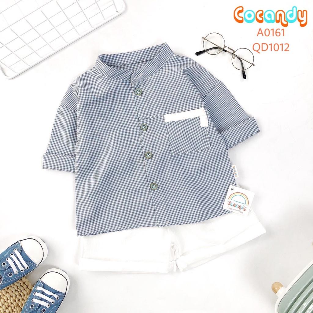 Set đồ cho bé- Áo sơ mi dài tay caro XANH, áo thun và quần cộc trắng cho bé của COCANDY mã A0161, A136A, QD101200
