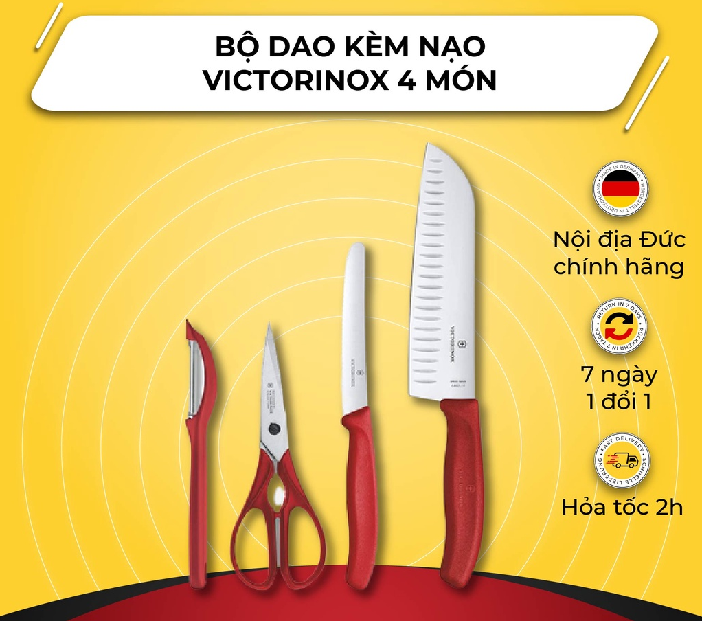 Bộ Dao Kèm Nạo 4 Món Victorinox, Chất Liệu Thép Không Gỉ, Bộ Dao Làm Bếp Tiện Dụng, Nhập Đức