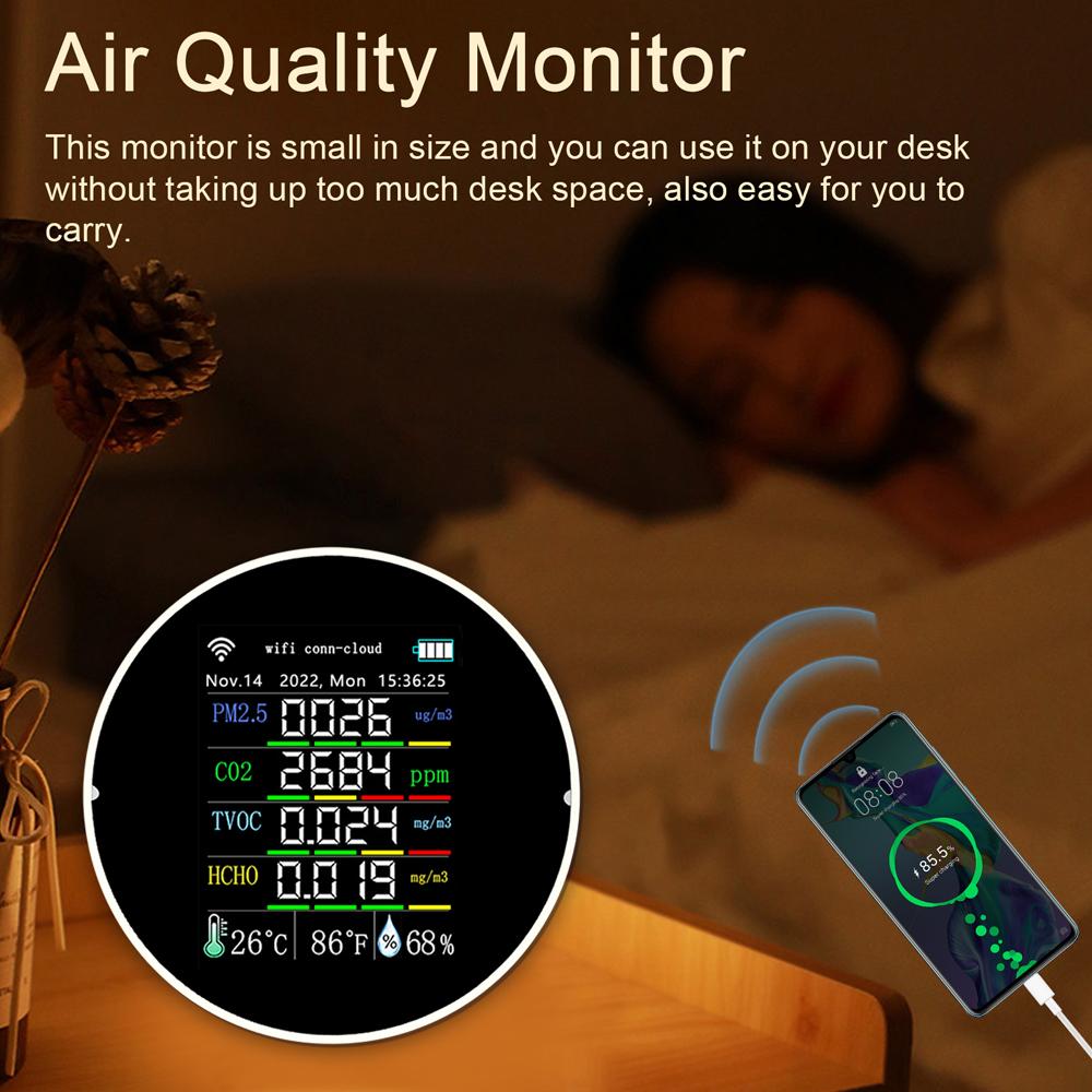 Tuya Wifi Portable Air Quality Meter 7in1 PM2.5 CO2 TVOC HCHO AQI Temperature Humidity Tester Color Display Carbon Dioxide Detector Support Cellphone APP Control with Calendar Function
