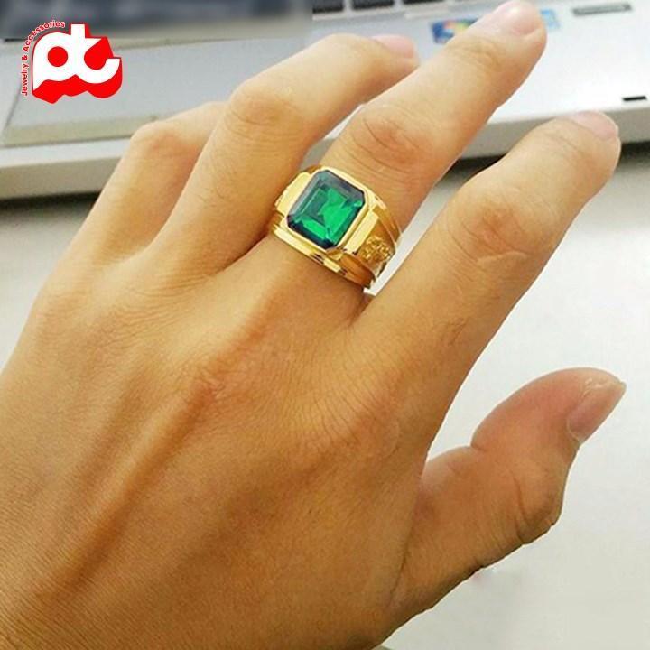 Nhẫn nam titan thời trang chạm rồng 2 bên trangsucpt đá xanh lá màu mạ vàng thép không gỉ PTNNA253 - SIZE 8