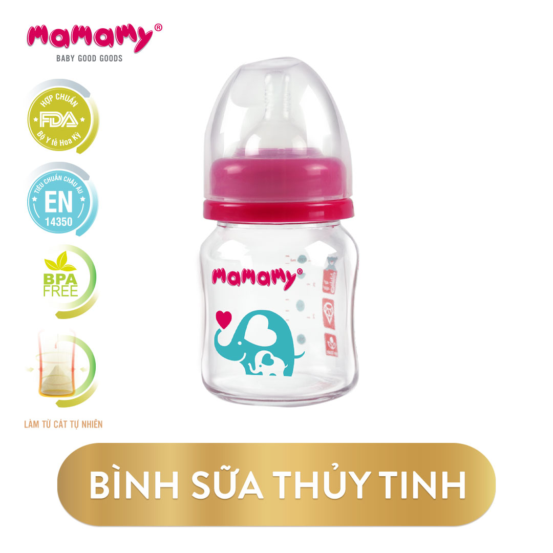 Bình sữa thủy tinh cổ rộng chống sặc, chống đầy hơi cho bé Mamamy 120ml