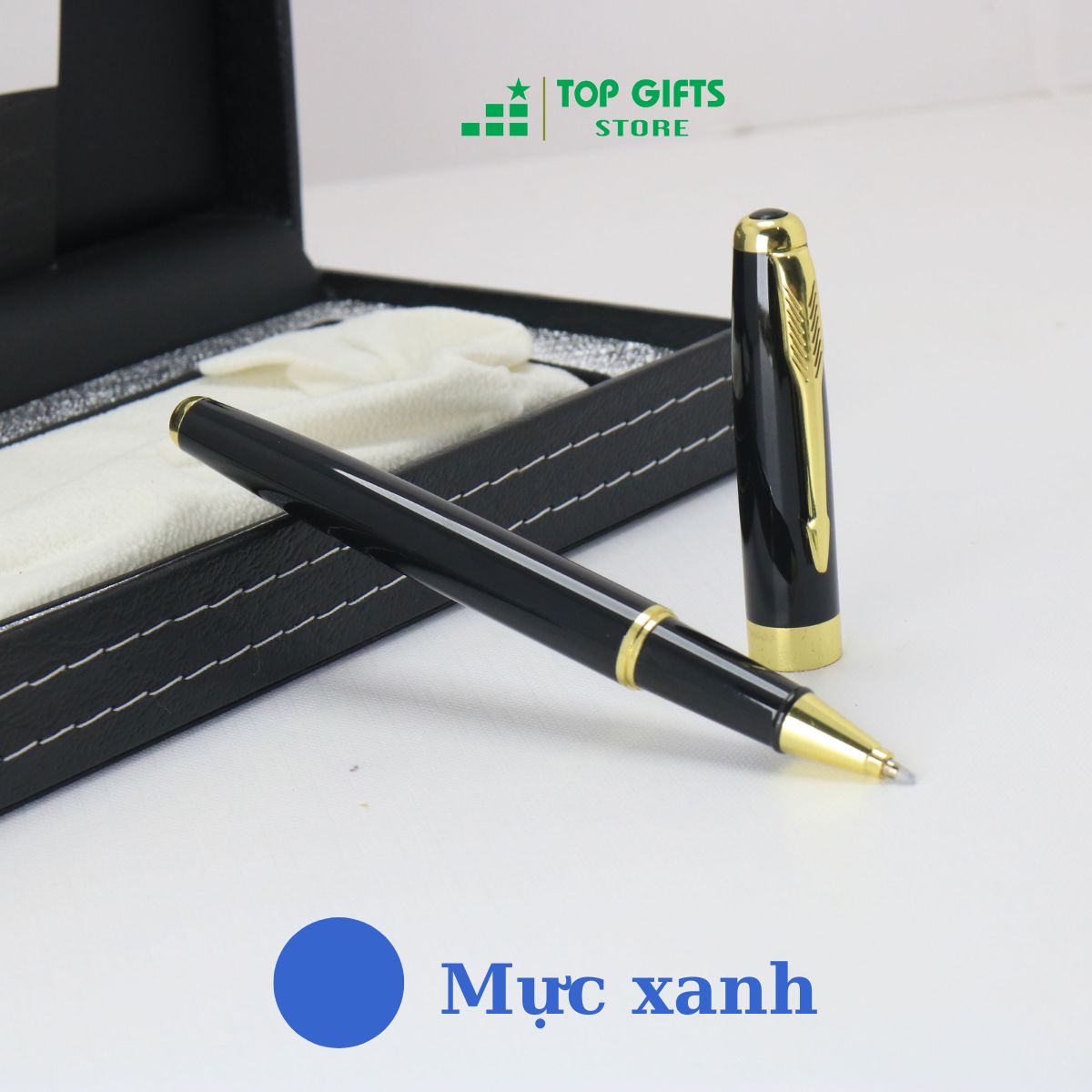 Bút khắc tên IM034 - Đen viền vàng ngòi 0.5mm mực xanh + Hộp bút