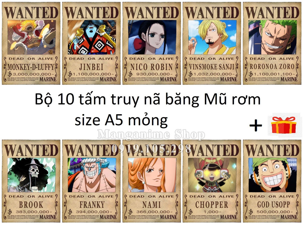 Bộ 10 tấm truy nã băng Mũ rơm - onepiece wanted poster size A4, A5, A6 mỏng